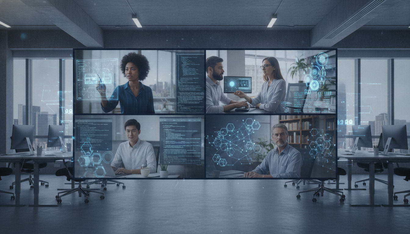 Global IT professionals collaborating virtually, showcasing nearshore staff augmentation efficiency.