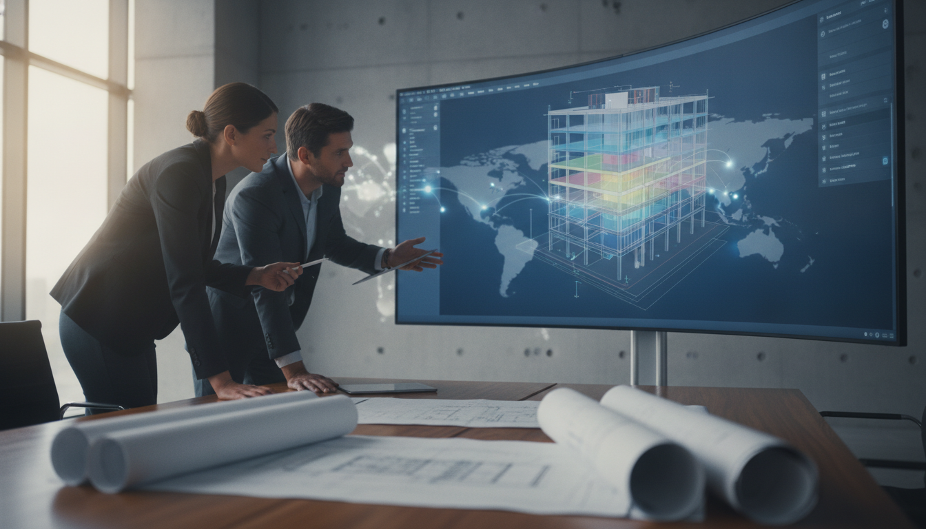 Professionals analyzing a detailed BIM model, representing outsourced BIM production for AEC