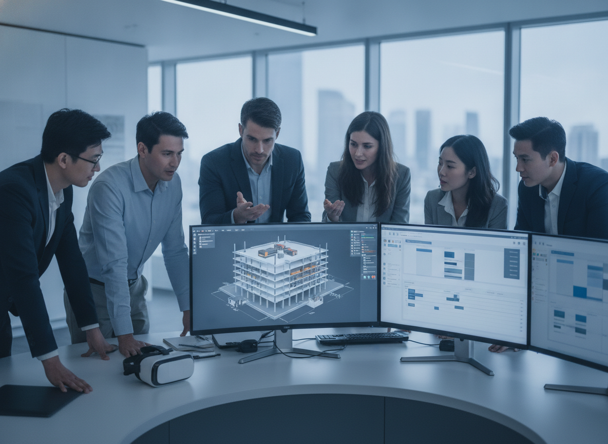 Team of experts working on a BIM project, showcasing collaborative outsourcing workflow