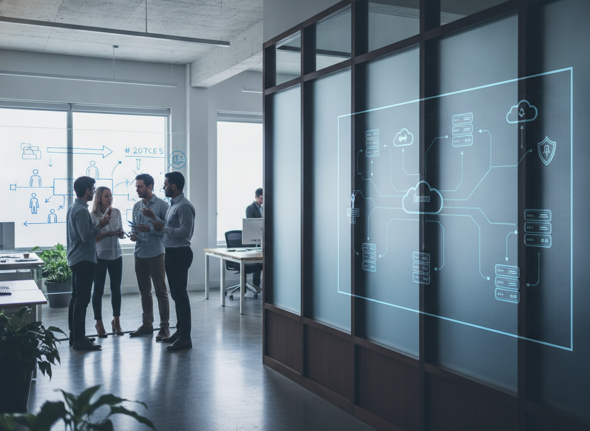 Two distinct scenes side-by-side: a small team collaborating, symbolizing staff augmentation, and a complex IT network, representing managed IT services.
